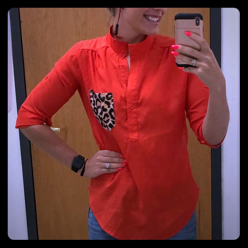 Mandarin Collar Shirt w/ Leopard Print Pocket